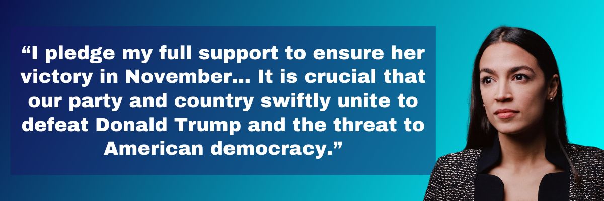 AOC: I pledge my full support to ensure her victory in November… It is crucial that our party and country swiftly unite to defeat Donald Trump and the threat to American democracy.